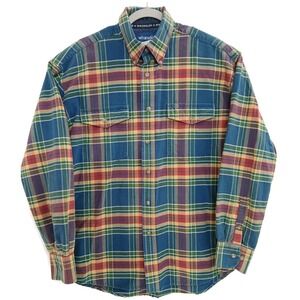 Wrangler Shirt Mens Large Blue Green Plaid Western Snap Front Cotton Long Sleeve